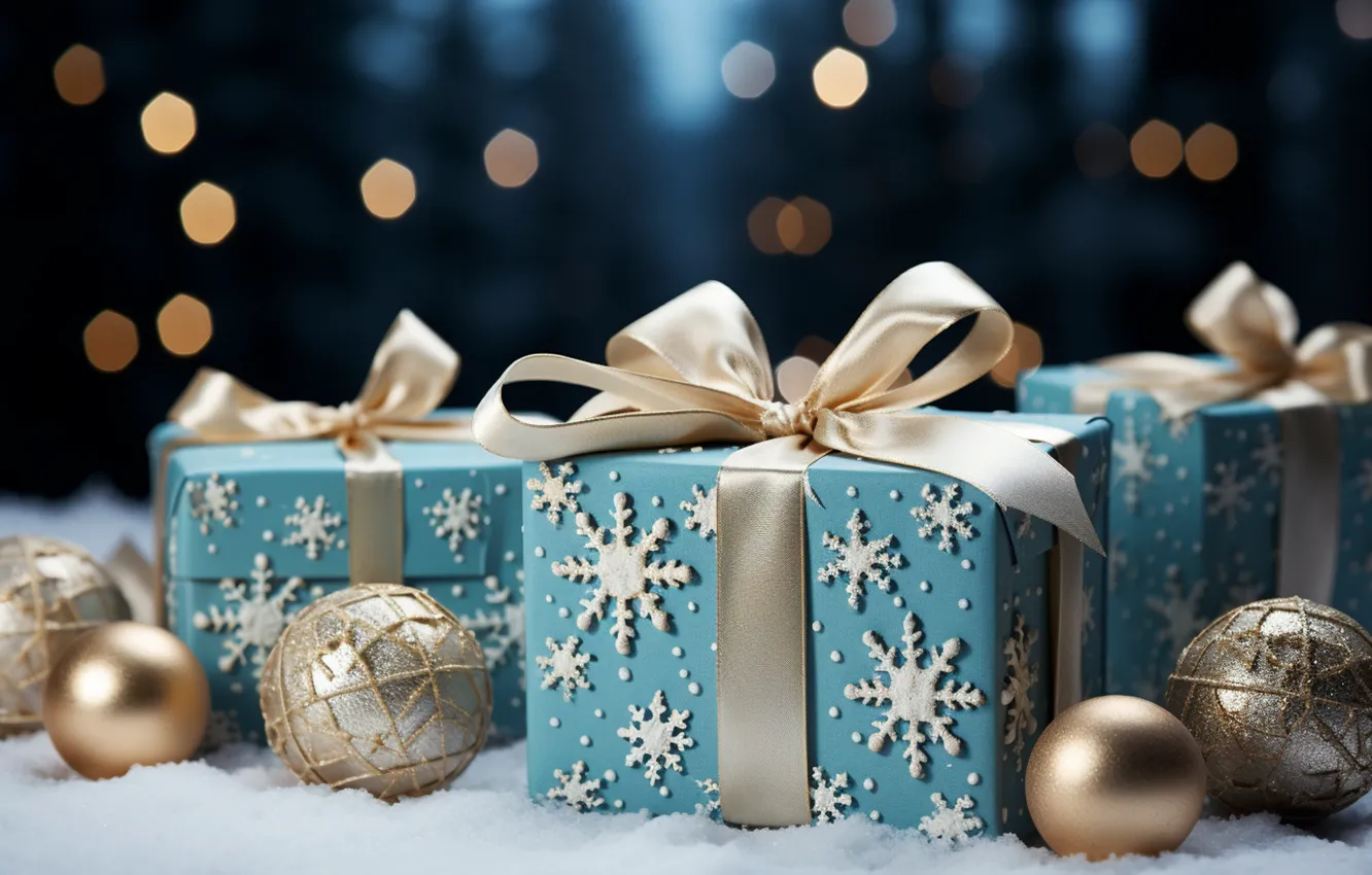 Photo wallpaper winter, snow, decoration, snowflakes, gift, balls, new year, Christmas
