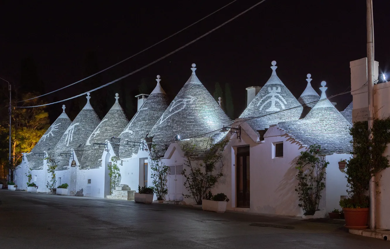 Photo wallpaper night, street, Italy, buildings, Alberobello