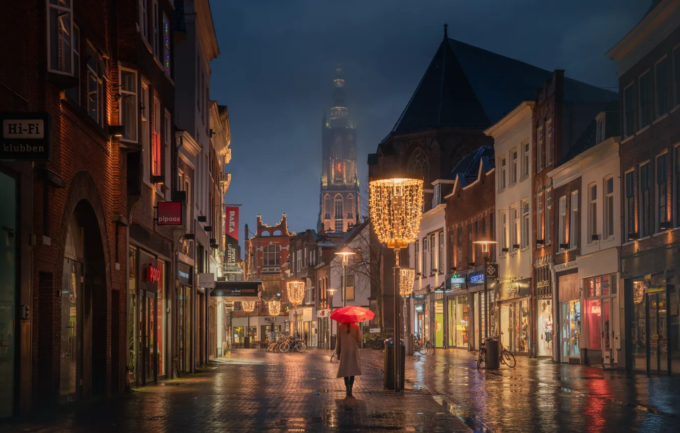 Photo wallpaper rain, street, building, home, the evening, lantern, Netherlands, Netherlands
