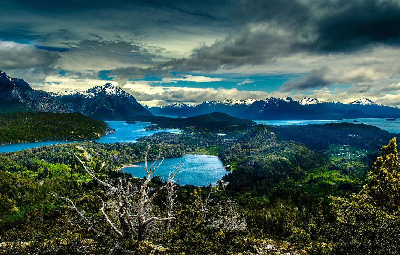 Photo wallpaper forest, the sky, clouds, trees, mountains, lake, stones, panorama