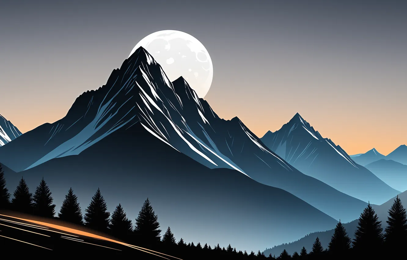 Photo wallpaper trees, landscape, nature, art, mountains, sun, digital art, fantasy art