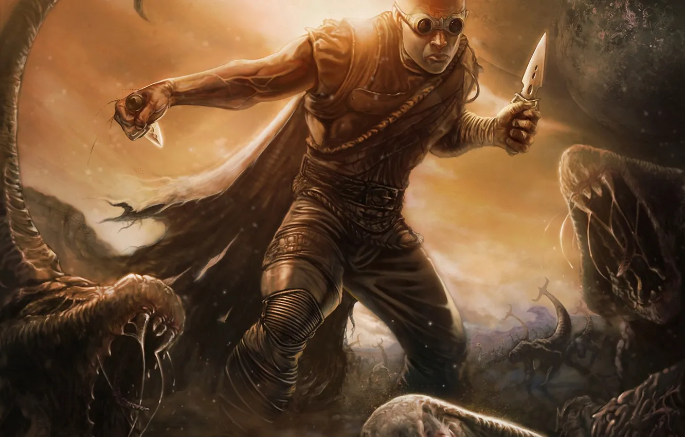 Photo wallpaper planet, monster, art, glasses, knife, male, Riddick