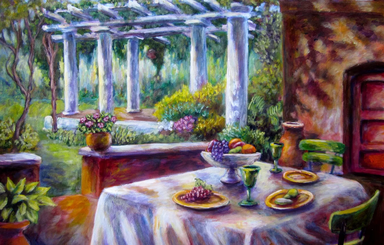 Photo wallpaper flowers, Park, table, garden, glasses, art, chair, columns