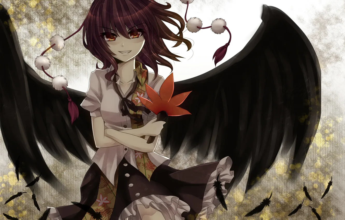 Photo wallpaper girl, wings, anime, feathers, art, leaf, touhou, shameimaru aya