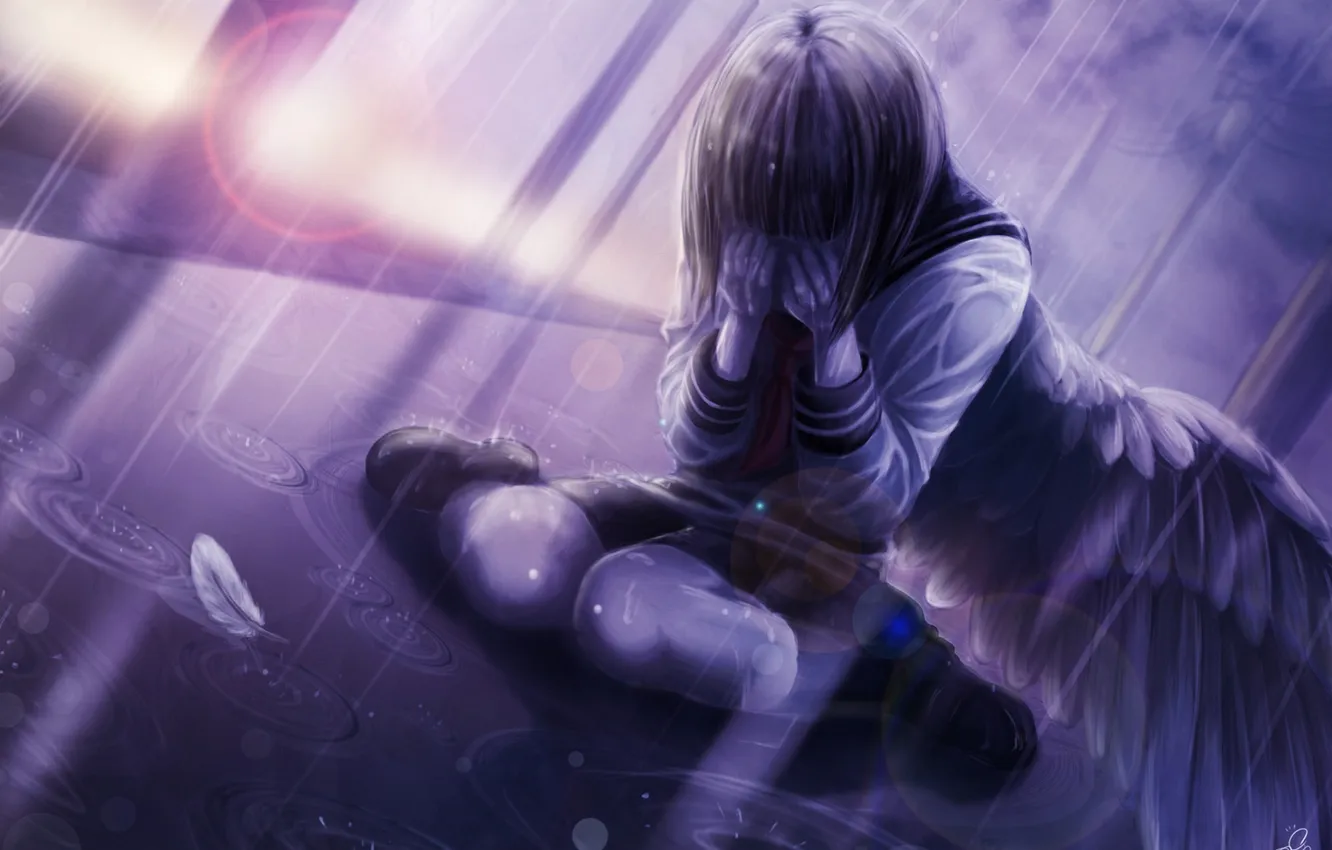 Photo wallpaper girl, rain, wings, anime, feathers, art, form, schoolgirl