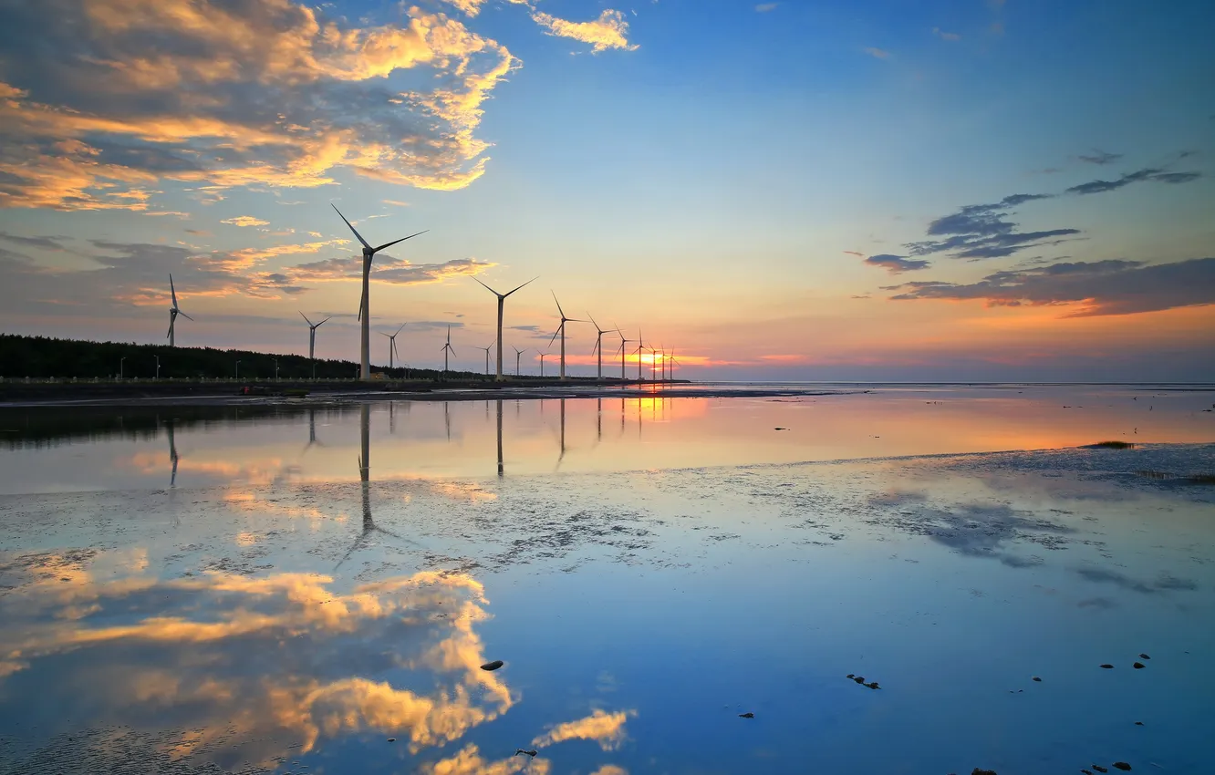 Photo wallpaper the sky, clouds, sunset, reflection, windmill