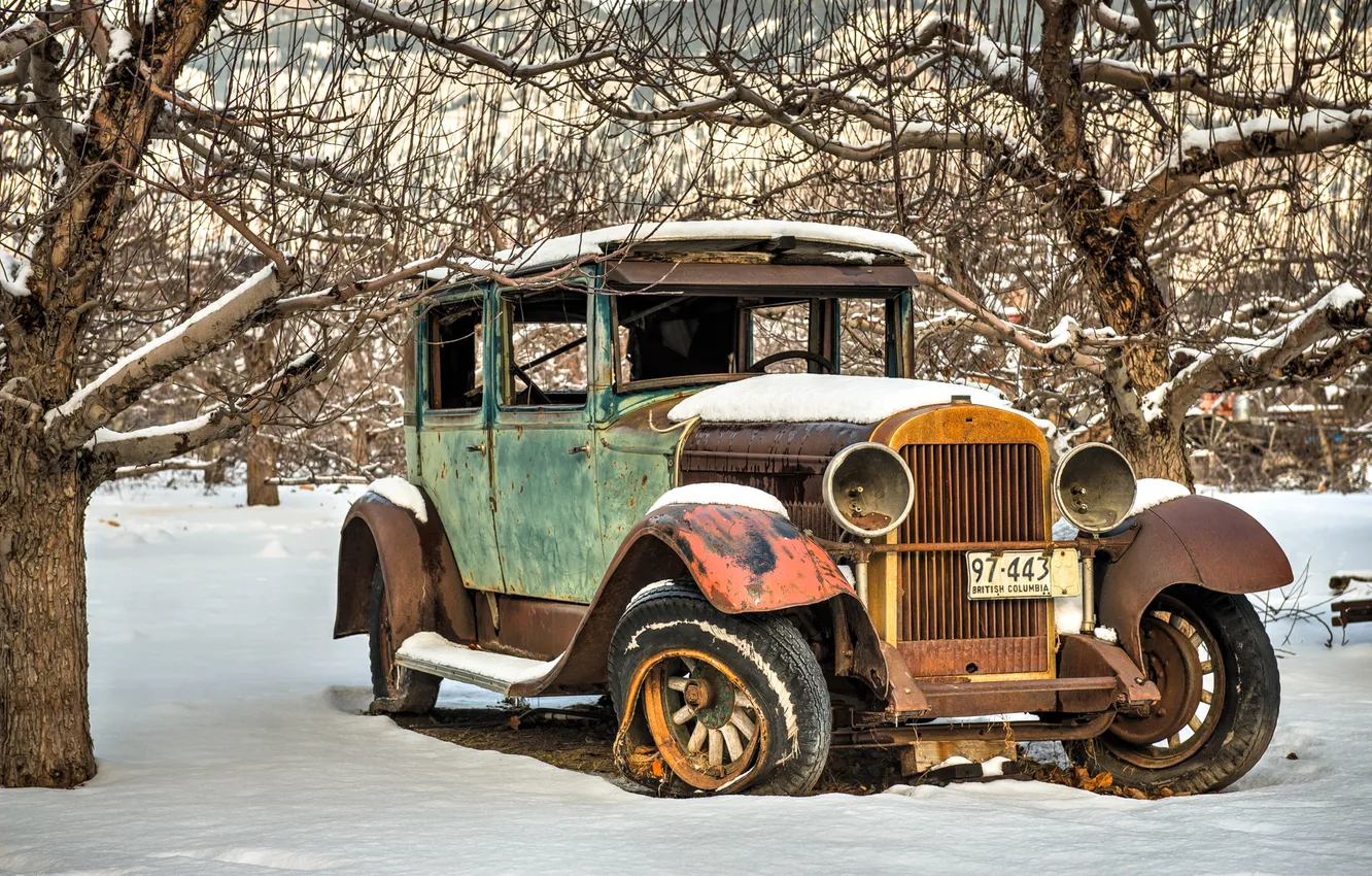 Photo wallpaper snow, rust, old car
