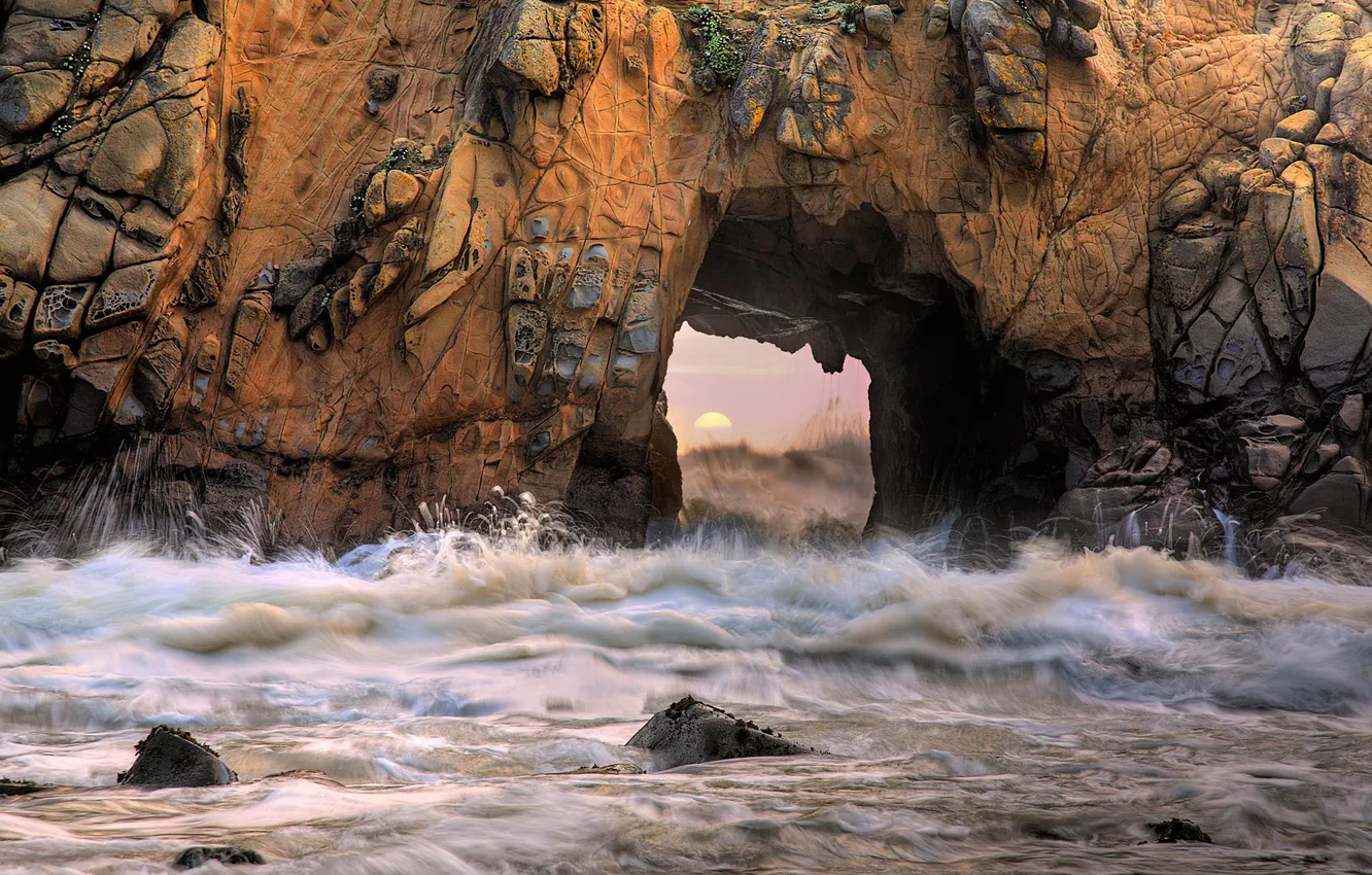 Photo wallpaper sea, wave, rock, stones, arch, California, Pfeiffer beach, Big sur