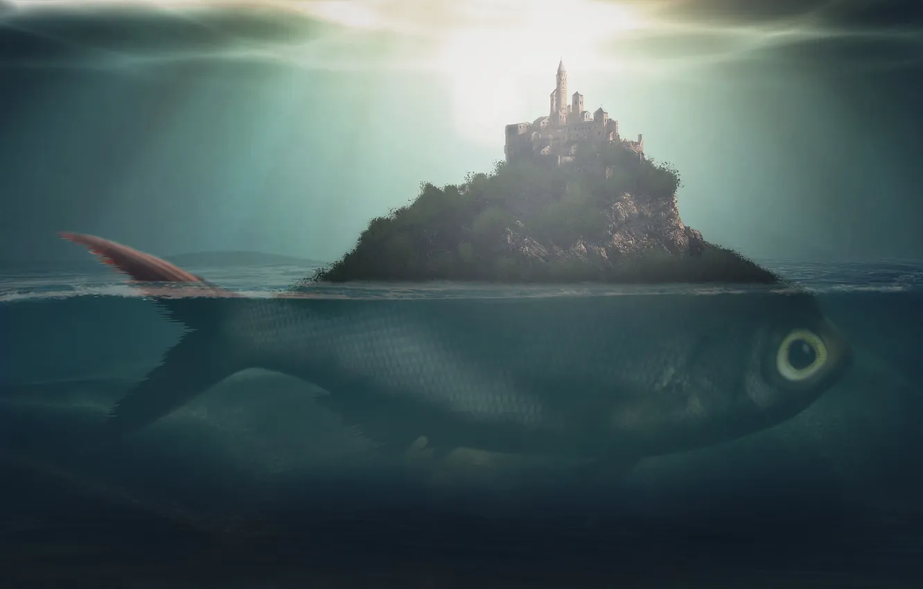 Photo wallpaper sea, the sky, castle, fish
