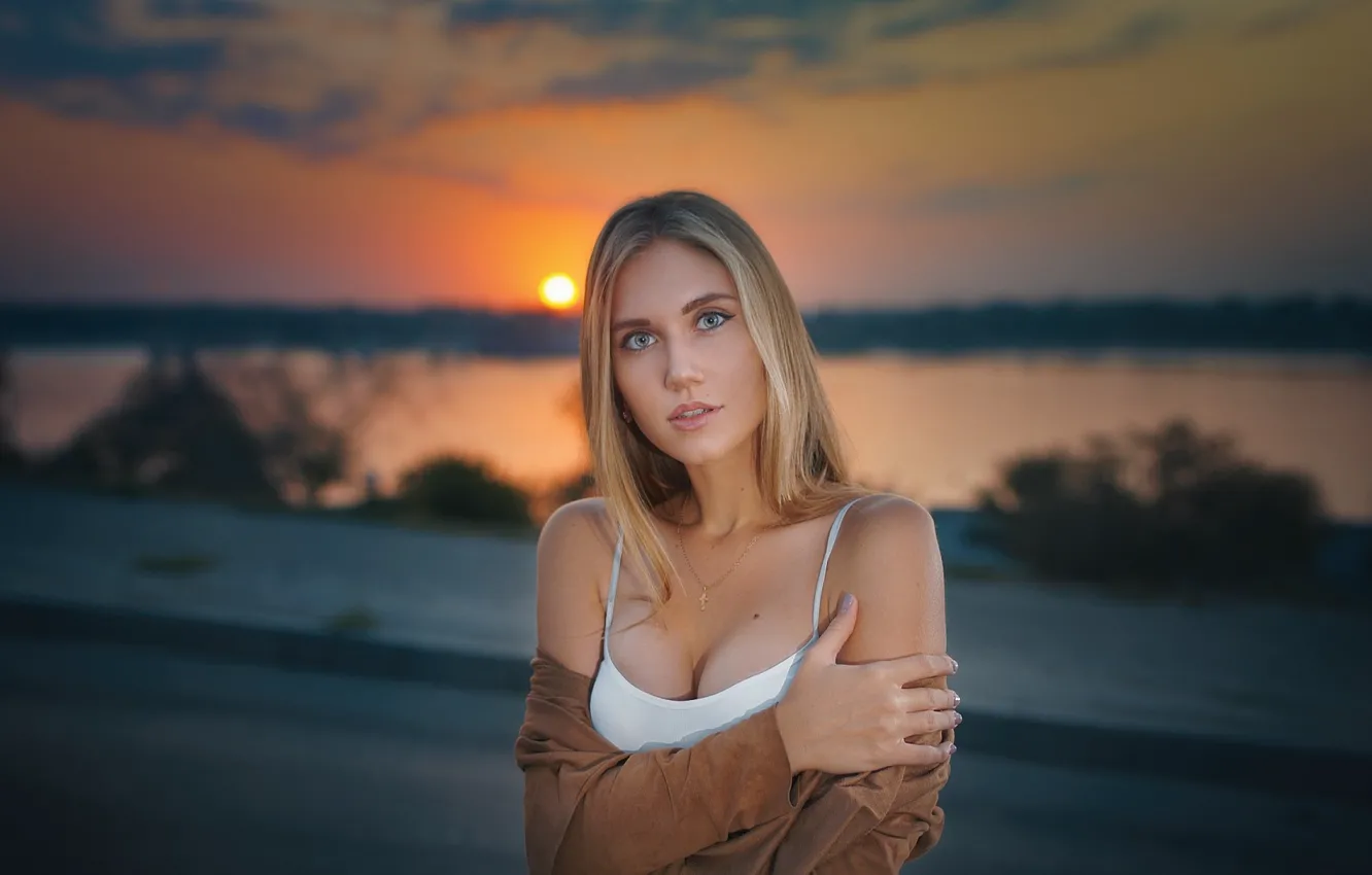 Photo wallpaper girl, sunset, blonde, cute