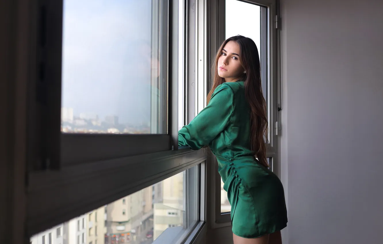 Photo wallpaper look, girl, pose, dress, window