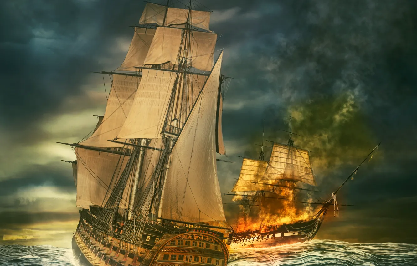 Photo wallpaper sailboat, battle, fantasy, sea