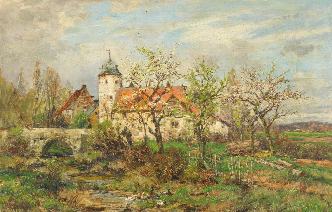 Photo wallpaper German painter, German painter, Heinrich Hartung III, Landscape with village church in spring, Landscape with …