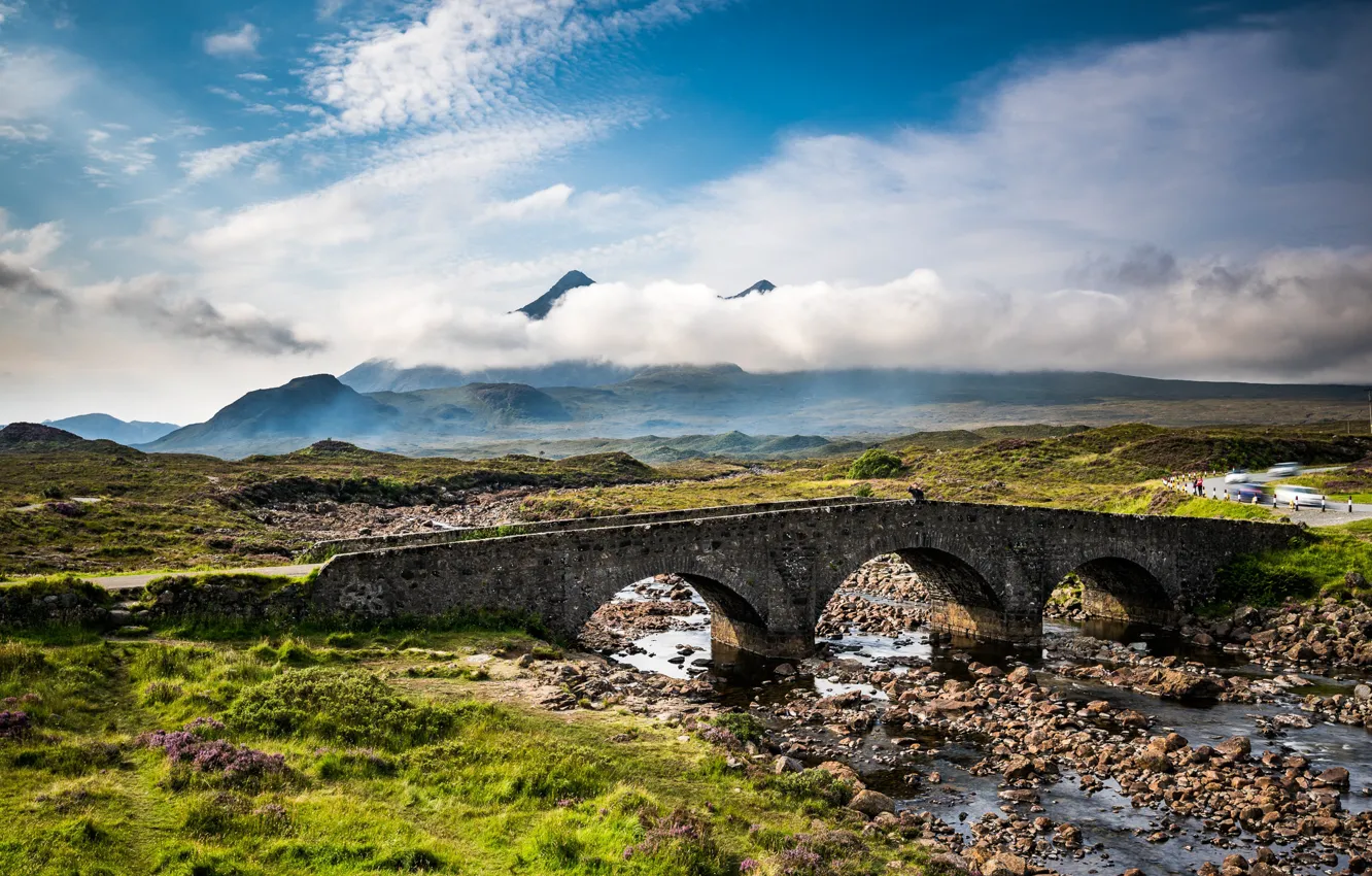 Photo wallpaper clouds, mountains, bridge