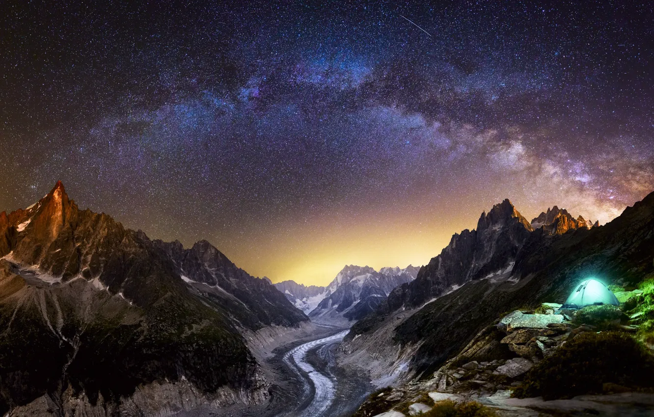 Photo wallpaper the sky, stars, light, mountains, night, tent, the milky way