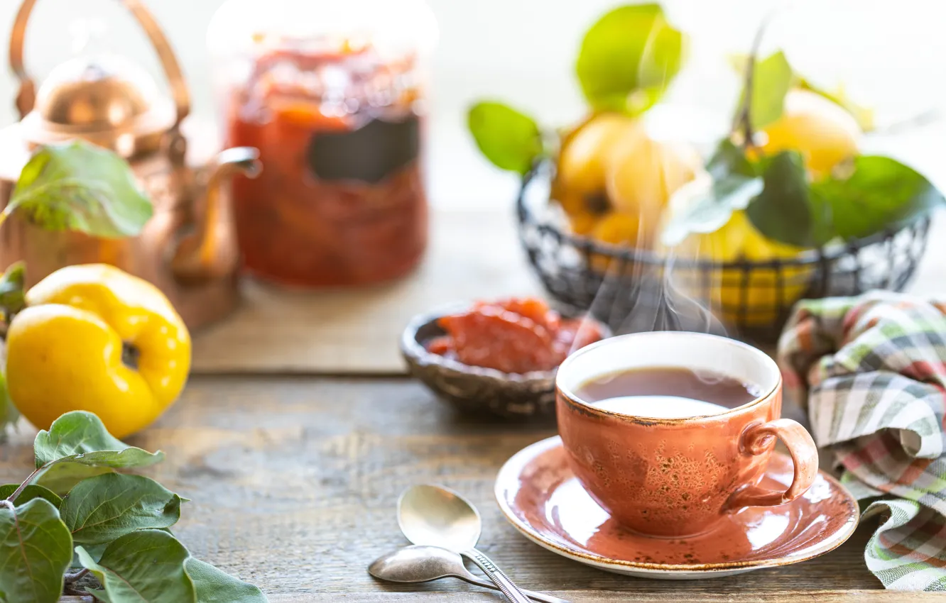 Photo wallpaper tea, Cup, fruit, jam, quince, Karina Klachuk