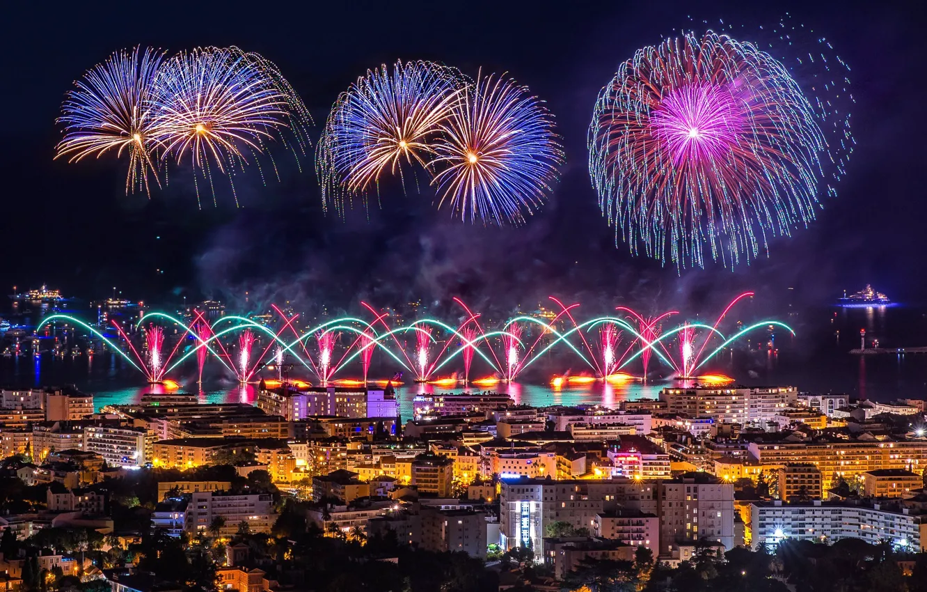 Photo wallpaper lights, the evening, Cannes, pyrotechnic festival