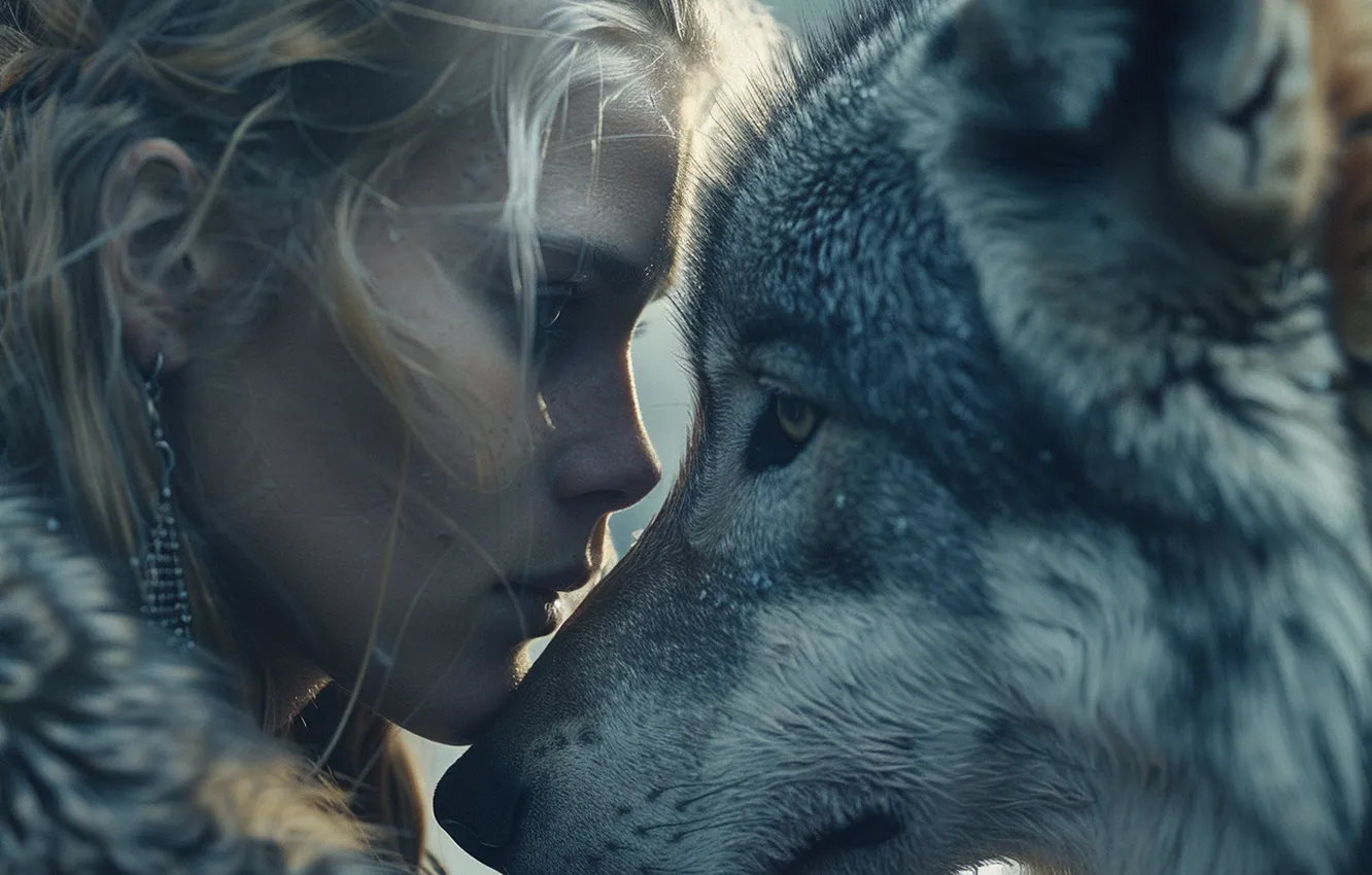 Photo wallpaper closeup, two, warrior, neural network, girl, The Vikings, wolf, digital art