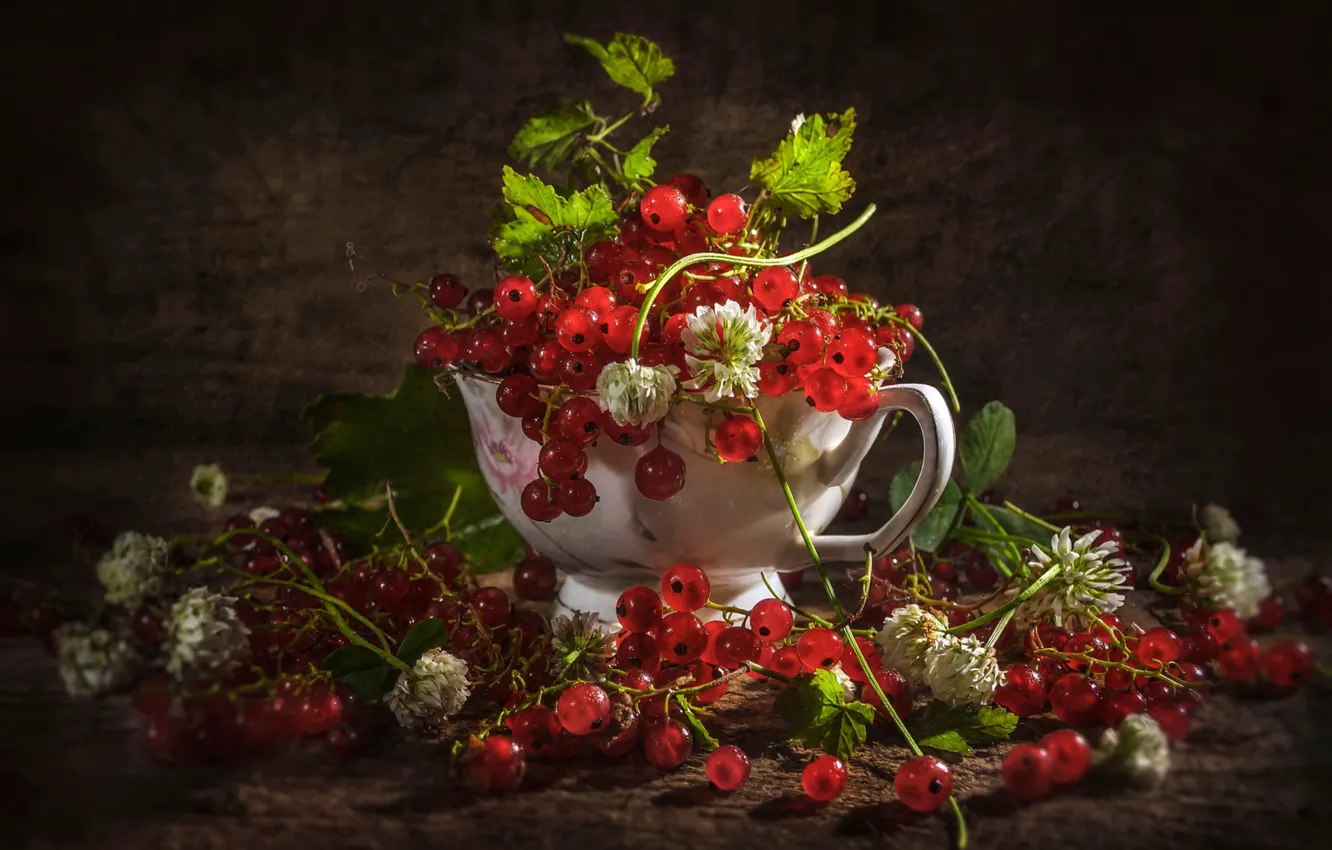 Photo wallpaper berries, Cup, clover, bunches, red currant, Vladimir Volodin