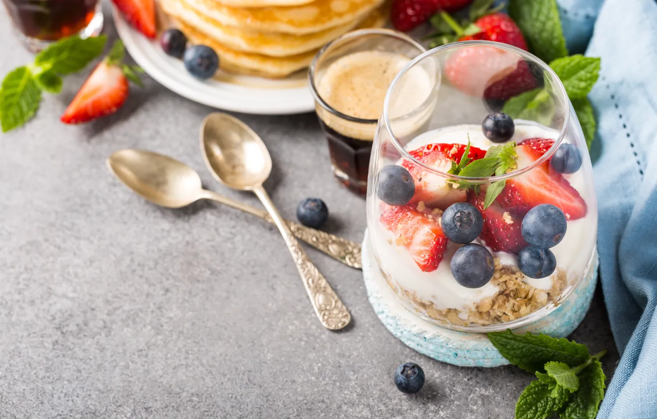 Photo wallpaper berries, Breakfast, pancakes, muesli, yogurt, Iryna Melnyk
