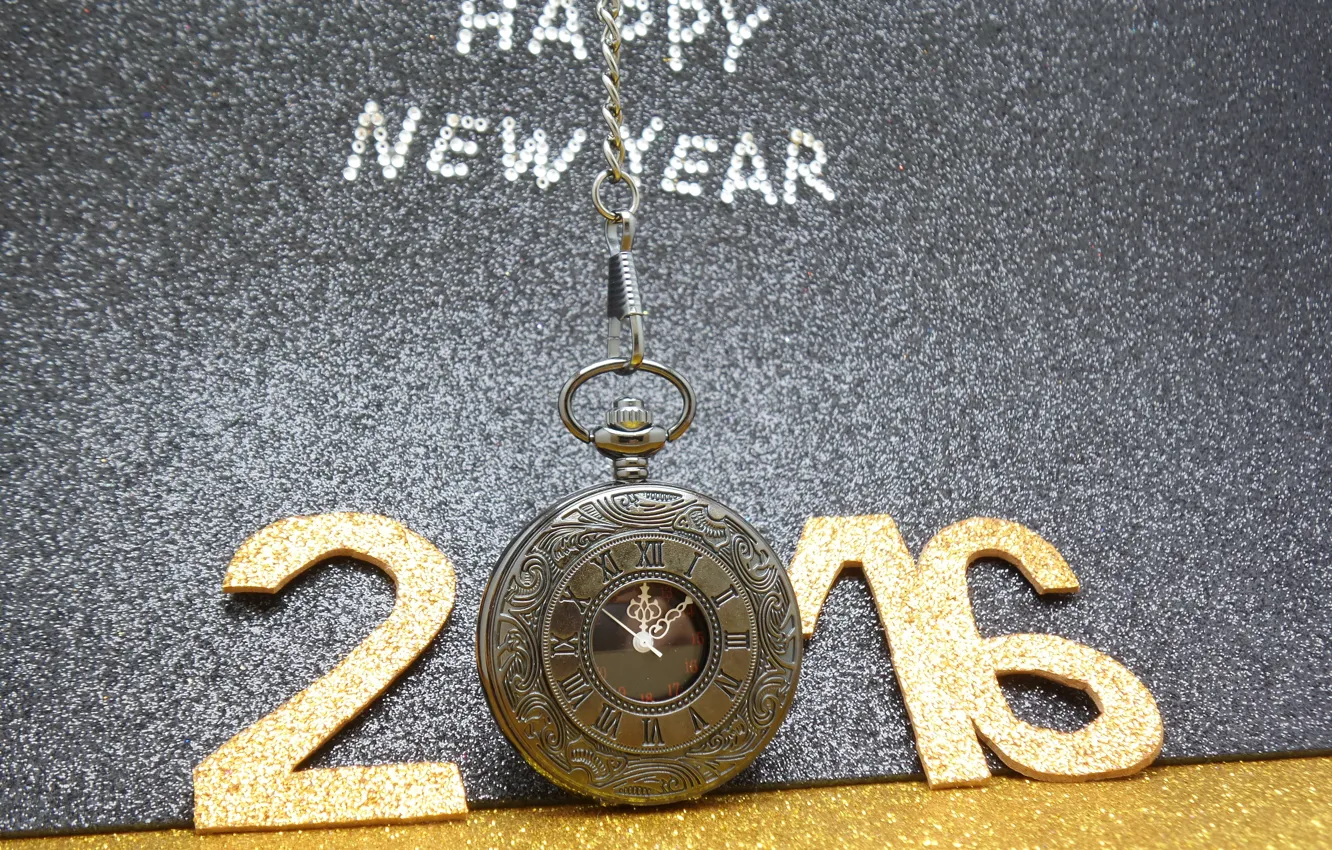 Photo wallpaper watch, new year, figures, golden, New Year, Happy, glitter, 2016