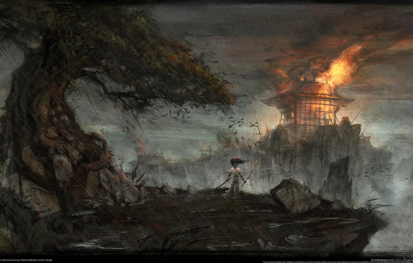 Photo wallpaper lights, rain, anime, afro samurai, Afro samurai, anime