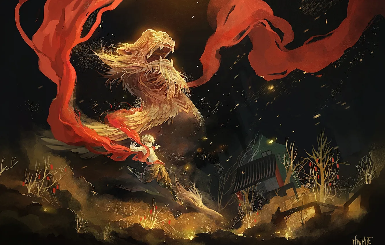 Photo wallpaper night, magic, dragon, home, wings, anime, scarf, art