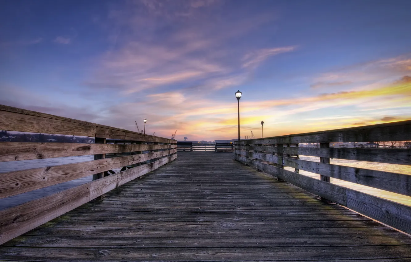 Photo wallpaper landscape, sunset, bridge, the city