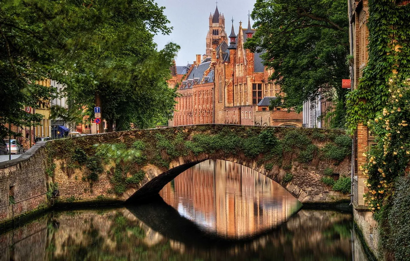 Photo wallpaper city, bridge, houses, Belgium, Bruges