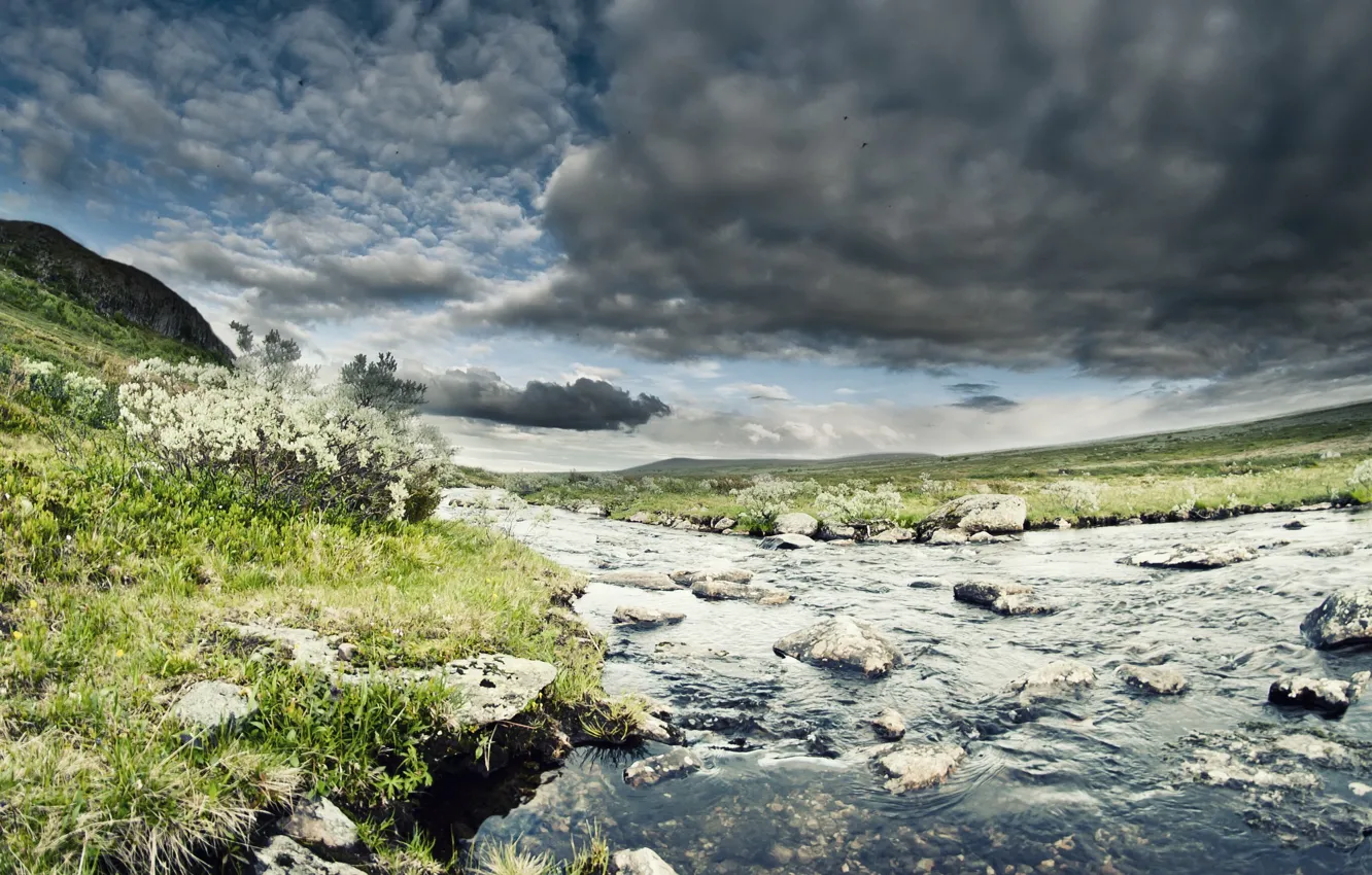 Photo wallpaper mountains, lake, river, day, river, Day, mountains, lake