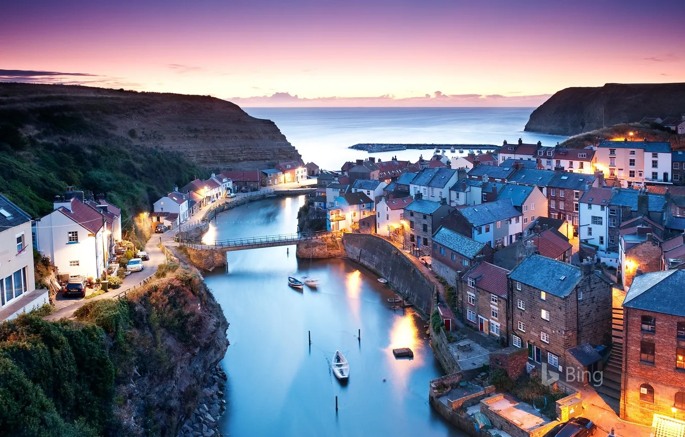 Photo wallpaper the sky, boat, England, horizon, England, North Yorkshire, North Yorkshire, Staithes Village