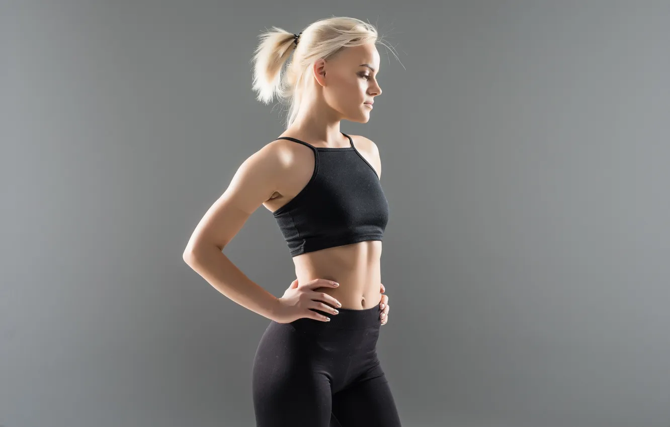 Photo wallpaper girl, grey, hand, human, female, fitness, hips, gym