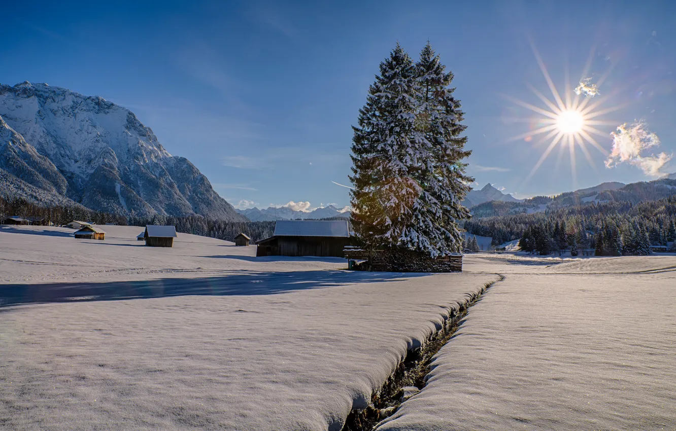 Photo wallpaper winter, snow, trees, mountains, home, Germany, Bayern