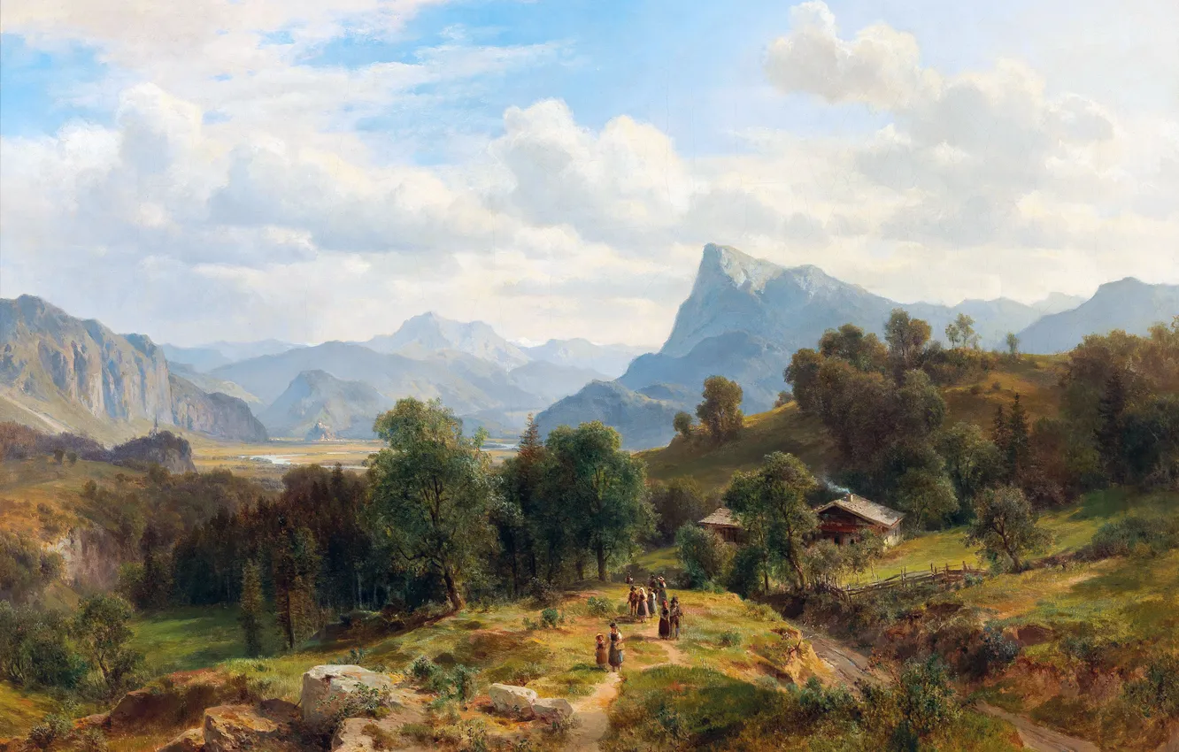 Photo wallpaper trees, people, home, picture, Austrian artist, Ludwig Halauska, Ludwig Halauska, Towards Liechtenstein