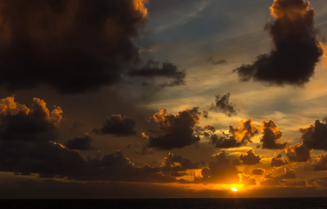 Photo wallpaper sea, the sun, clouds, sunset, horizon