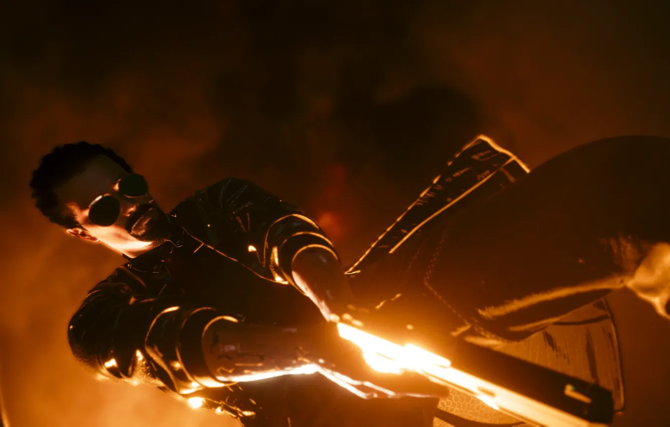 Photo wallpaper lights, glasses, Cyberpunk 2077