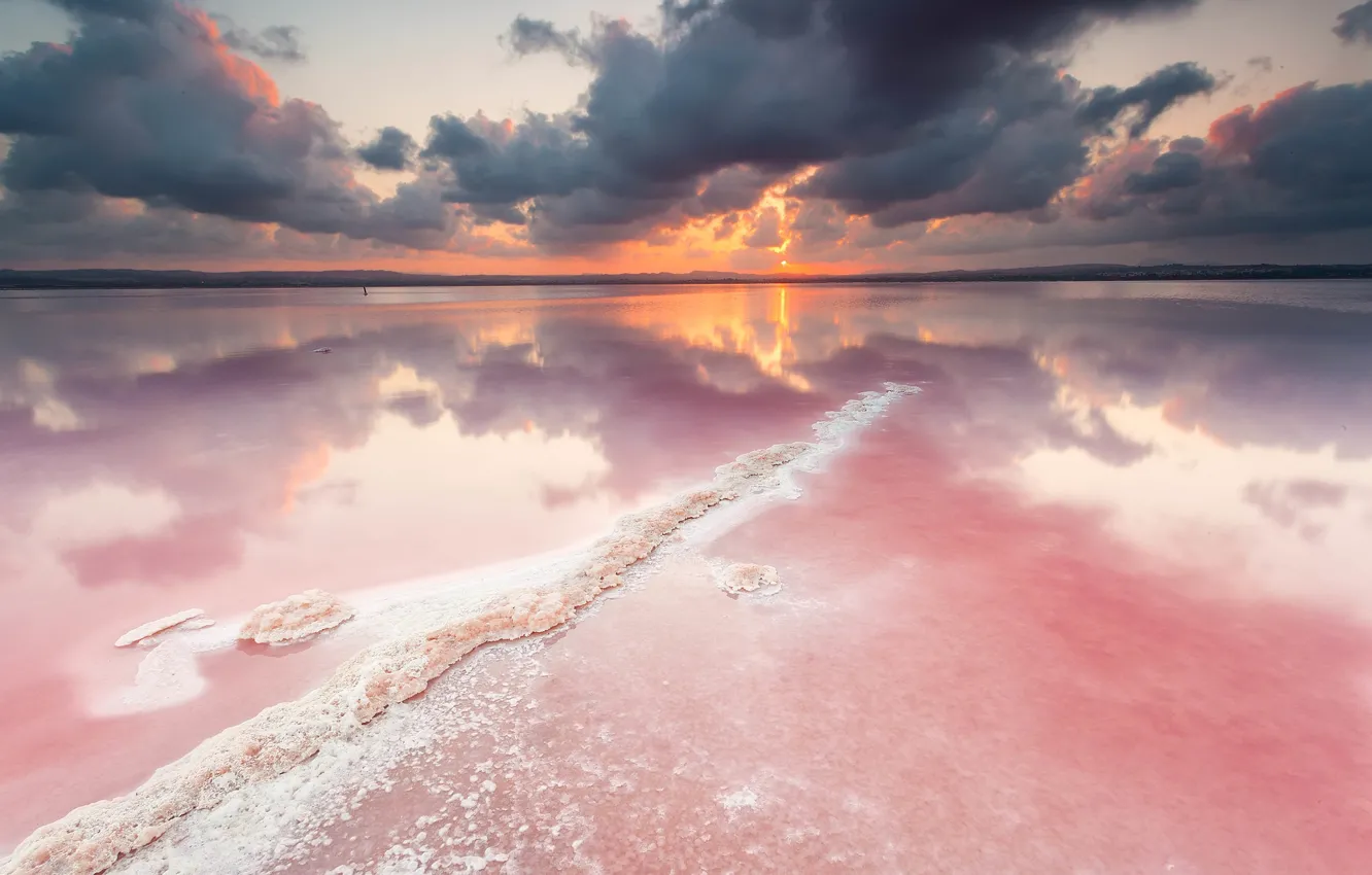 Photo wallpaper the sky, sunset, clouds, lake, reflection, shore, pond, salt