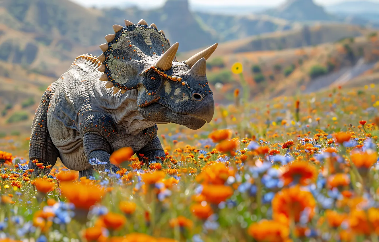 Photo wallpaper flowers, animal, dinosaur, horns, Triceratops, digital art, Triceratops, Ancient animals