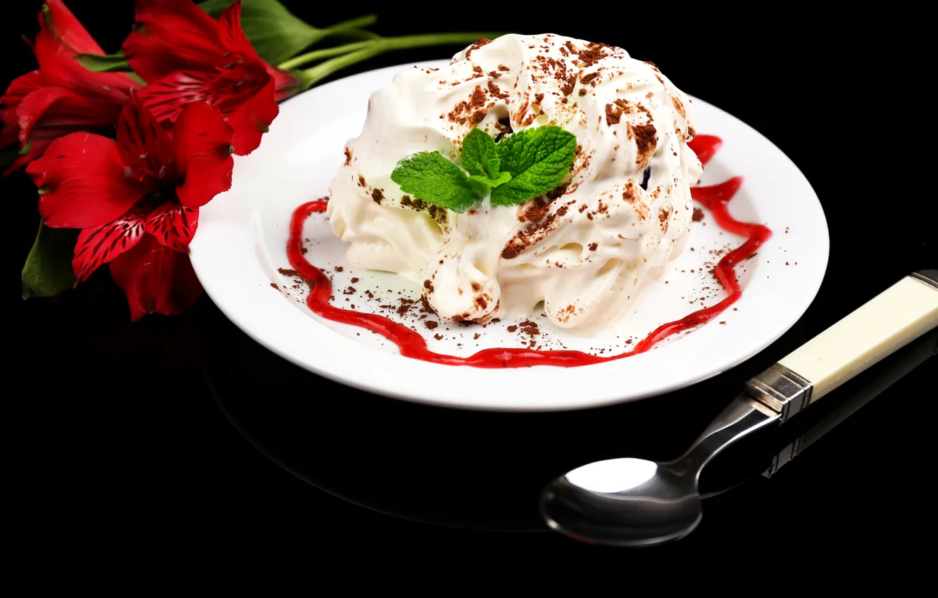 Photo wallpaper plate, ice cream, dessert, sweet, alstremeria