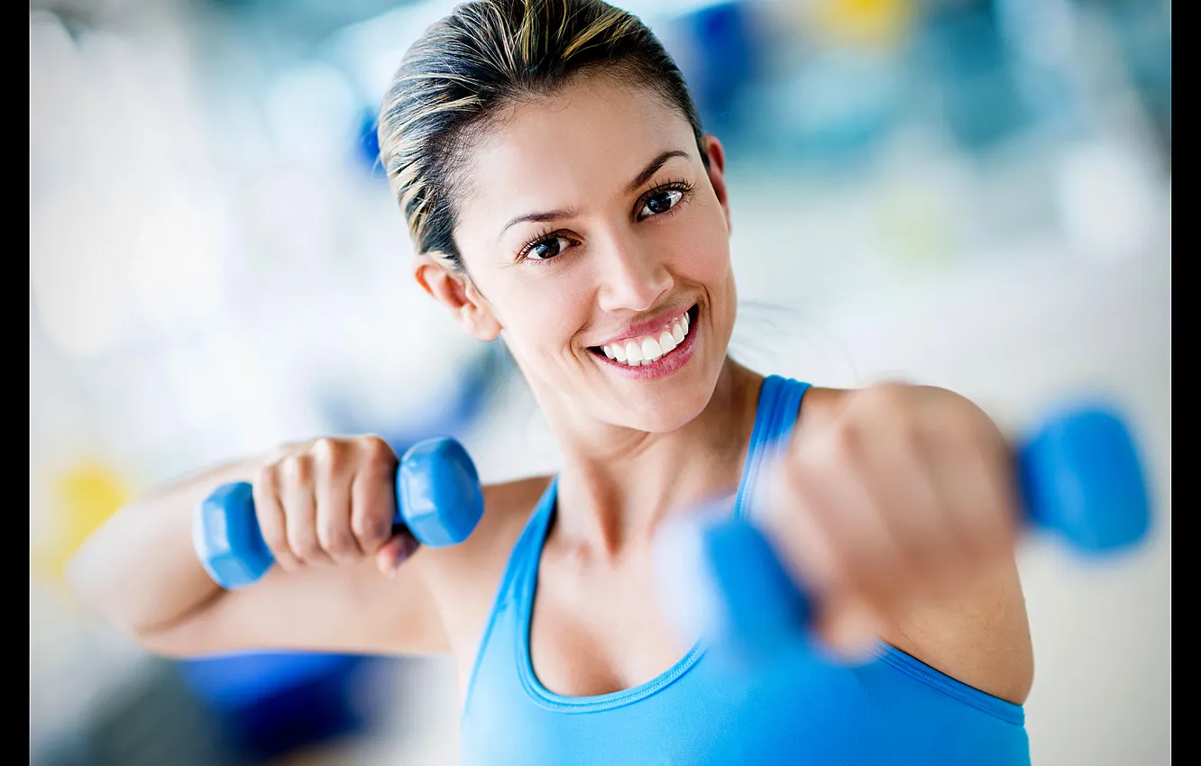 Photo wallpaper look, sports, smiling, dumbbells