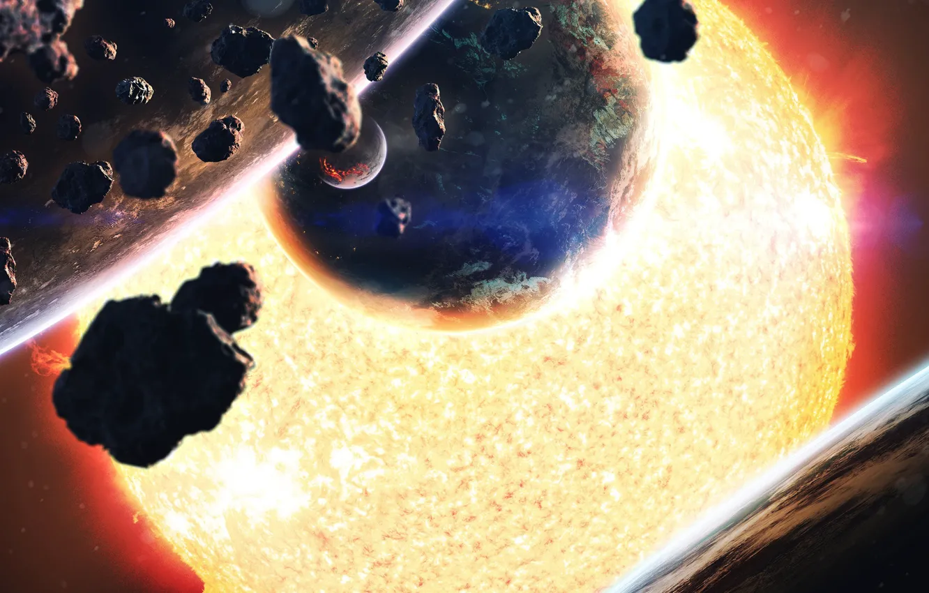 Photo wallpaper the sun, space, stars, lights, fiction, heat, planet, satellite