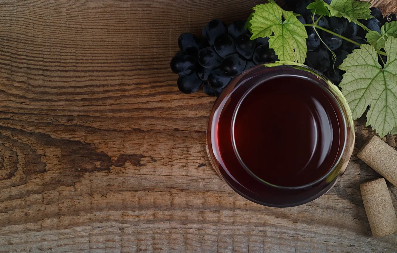Photo wallpaper leaves, wine, Board, glass, grapes, alcohol