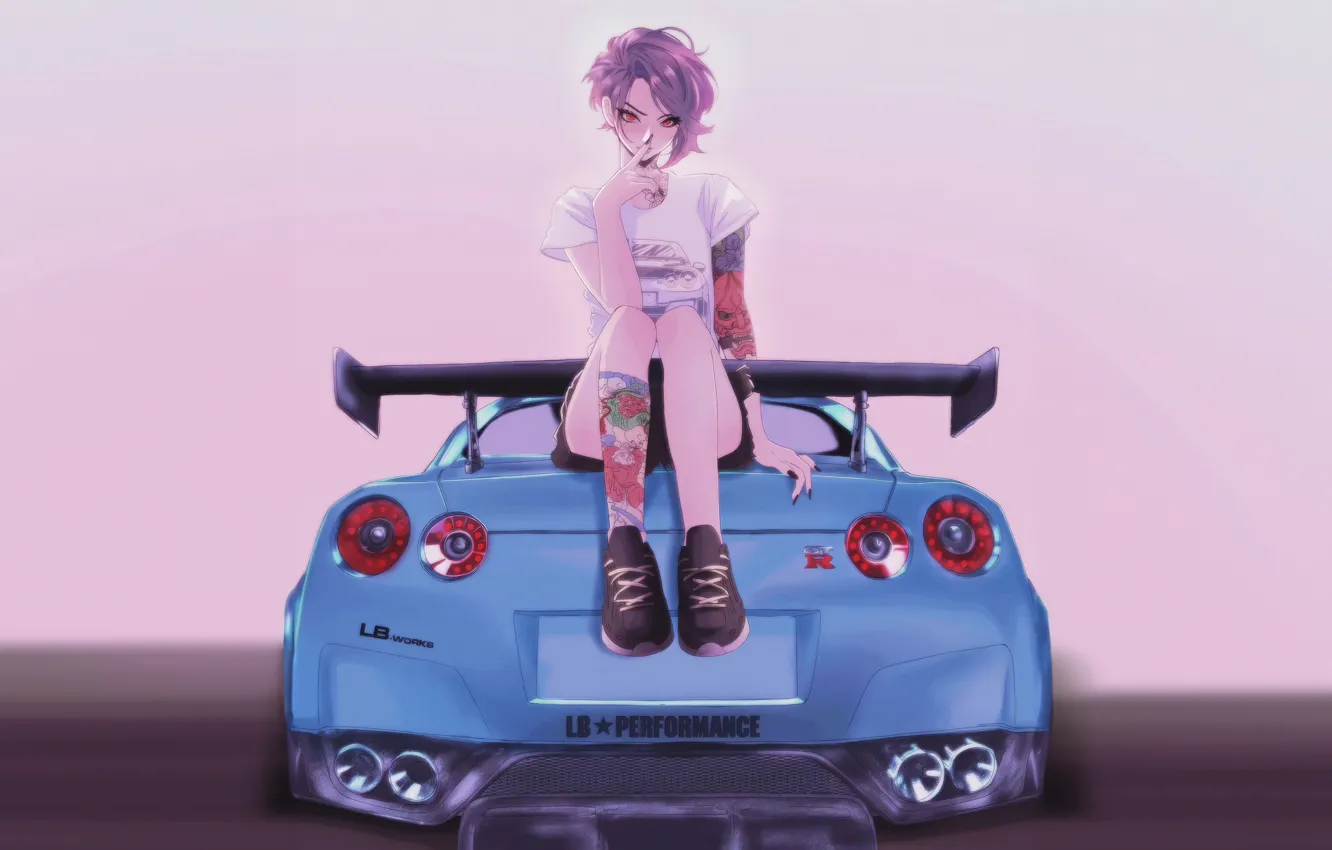 Photo wallpaper shorts, Anime, anime girls, car, sitting, t-shirt, shorts, sitting