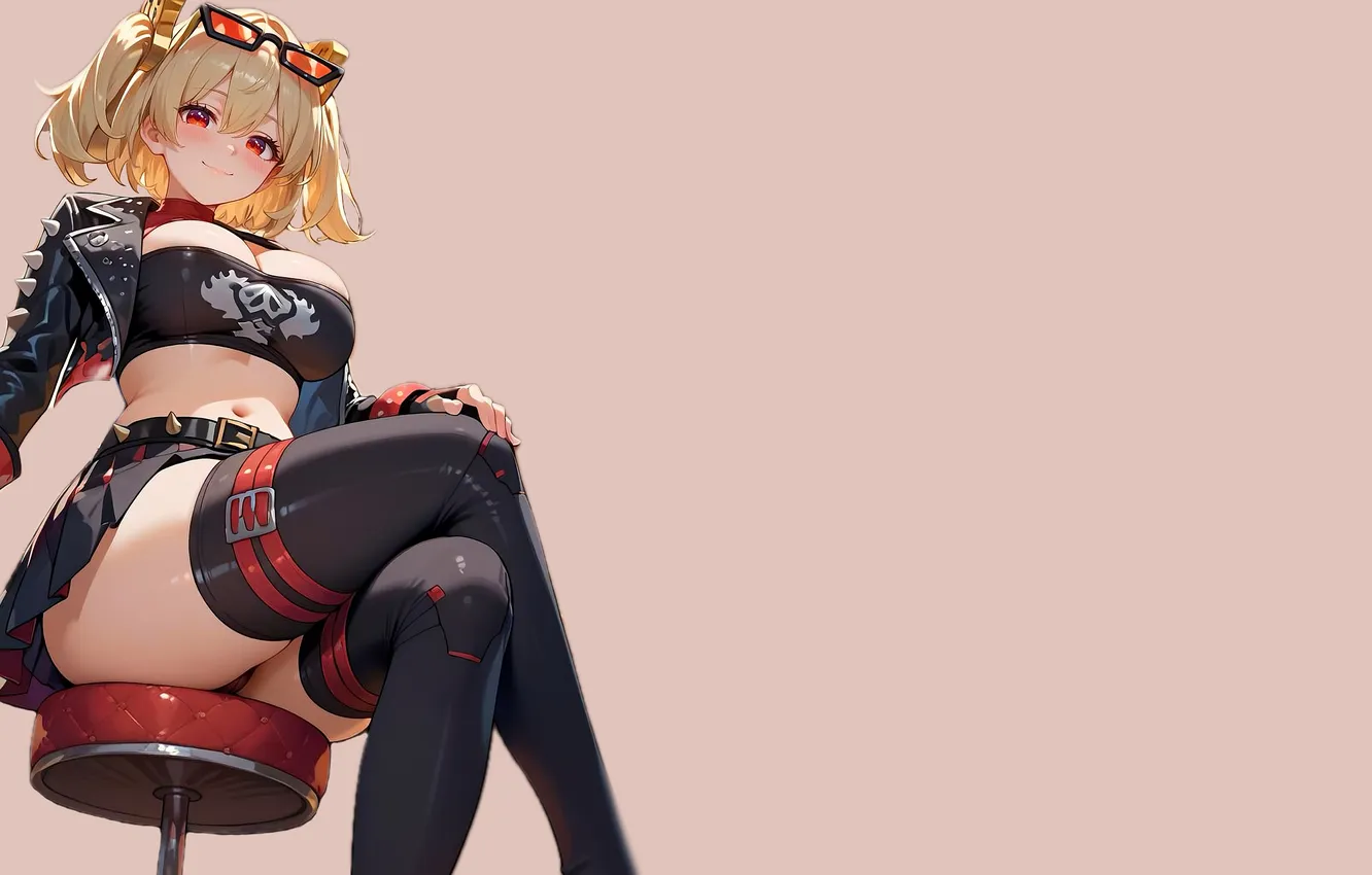 Photo wallpaper girl, hot, sexy, boobs, anime, stockings, chair, blonde