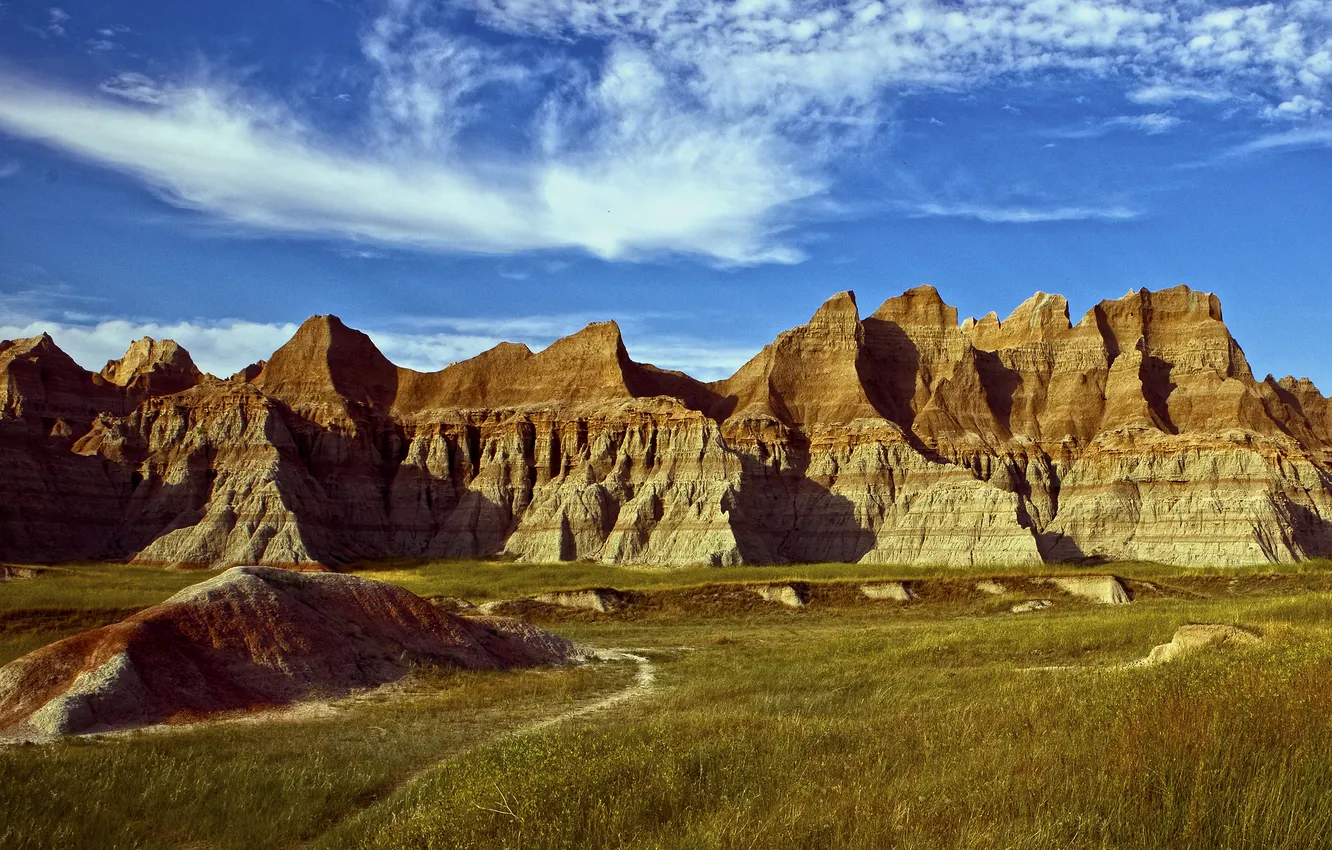 Photo wallpaper road, the sky, mountains, rocks, valley, breed