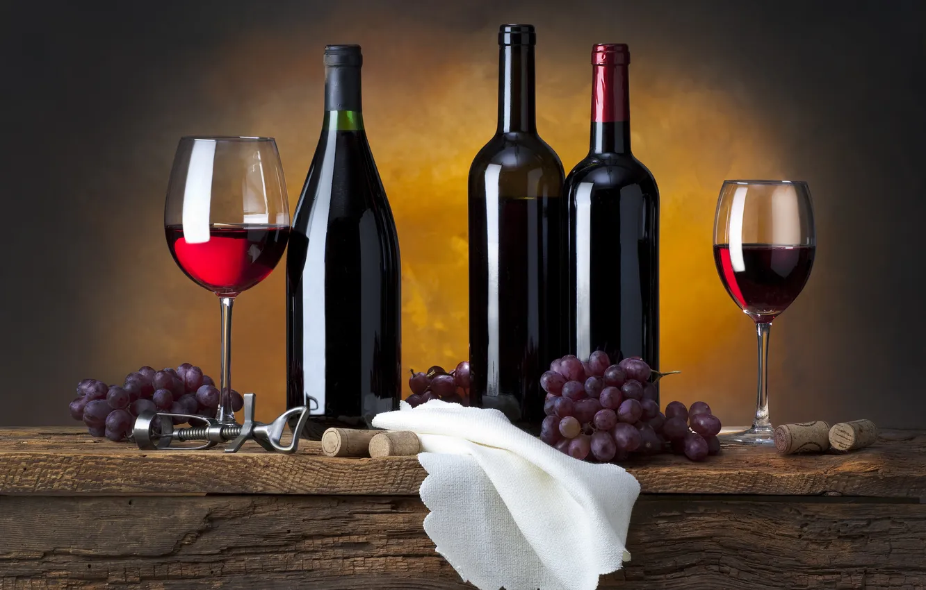 Photo wallpaper berries, wine, red, glasses, grapes, tube, bottle, corkscrew