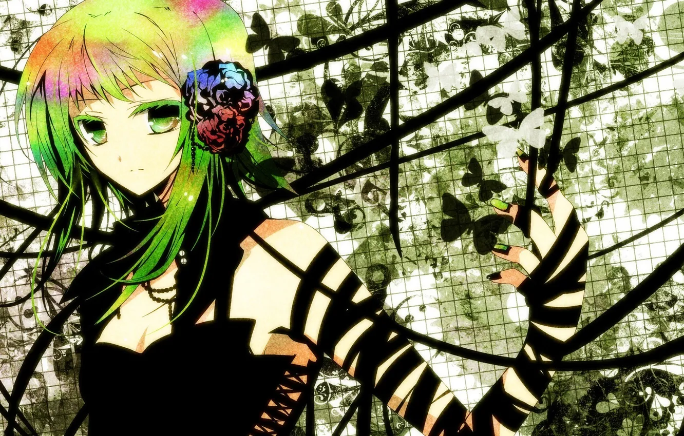 Photo wallpaper girl, flowers, butterfly, vocaloid, Vocaloid, Rubber Megpoid
