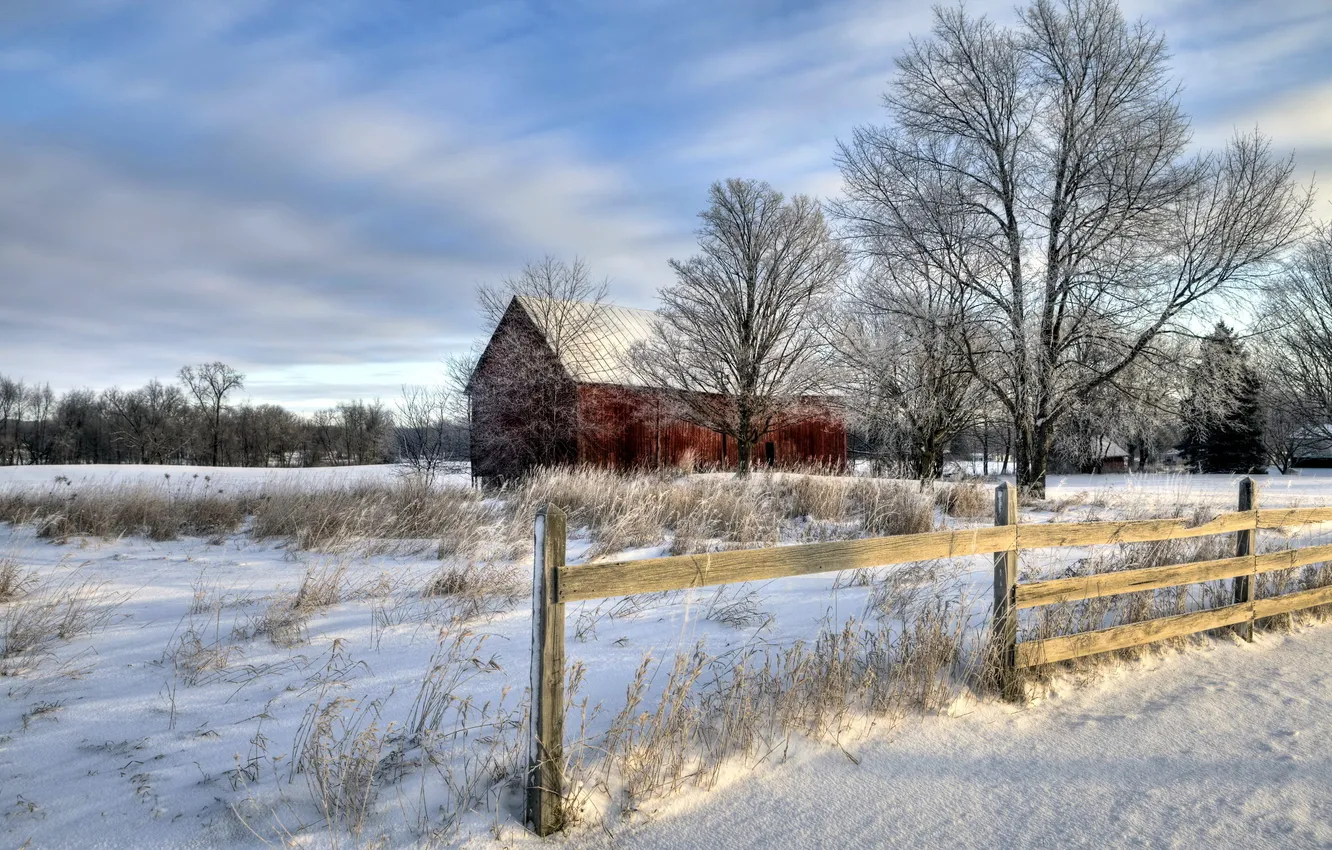 Photo wallpaper winter, landscape, house, the fence