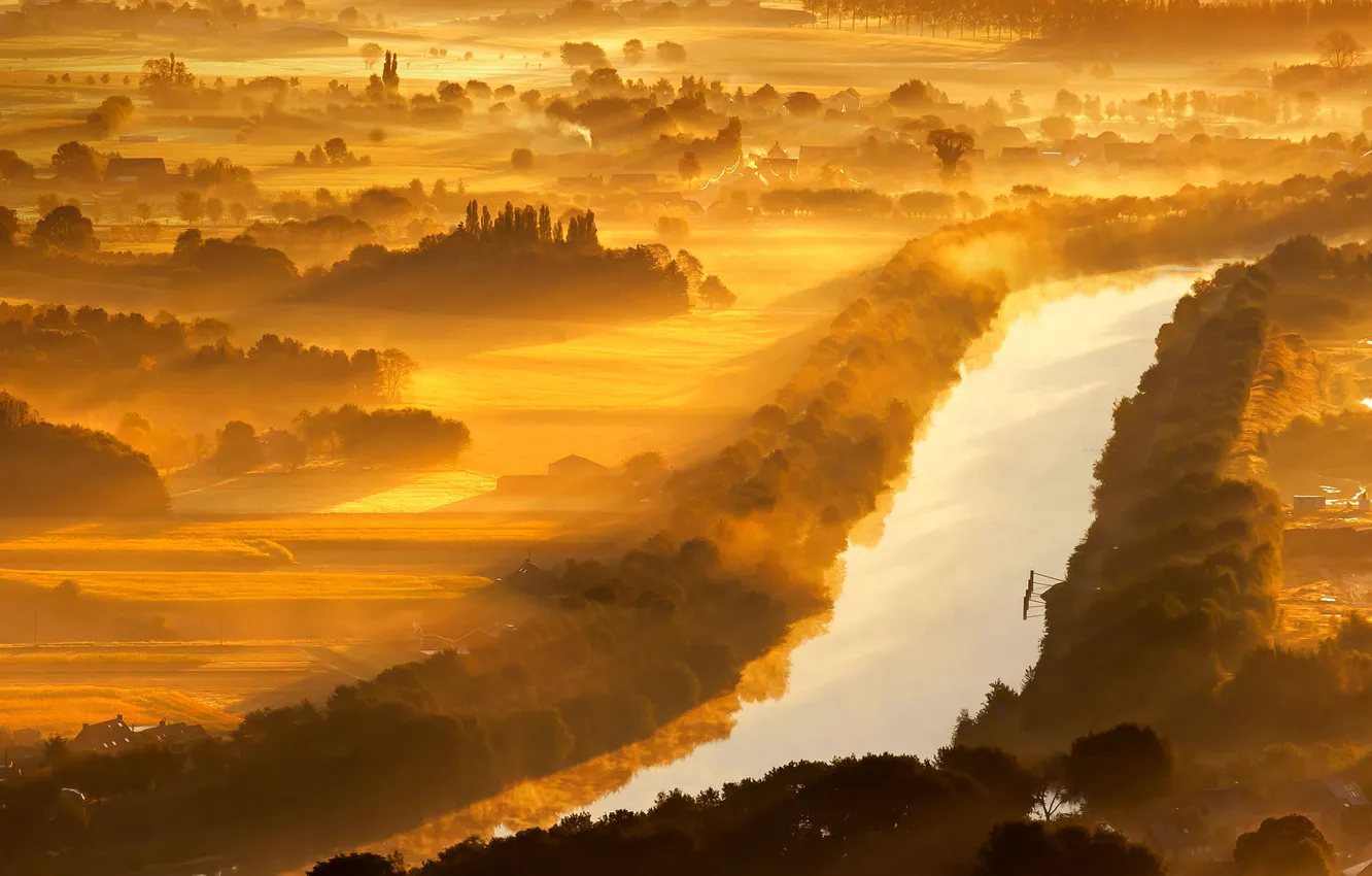 Photo wallpaper fog, Belgium, West-Flanders, the isère river