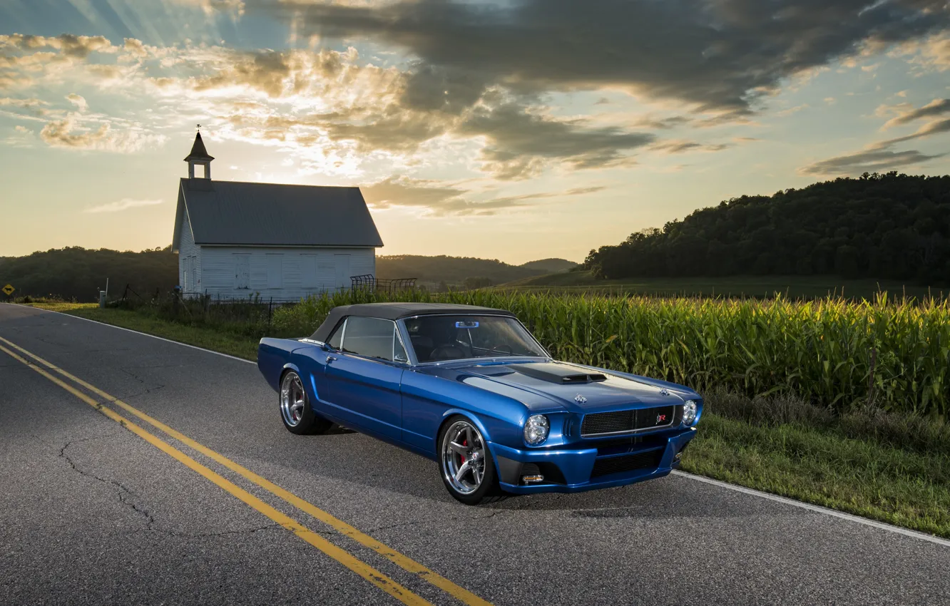 Photo wallpaper Mustang, Ford, Ford Mustang, road, Front, 1965, blue, Side